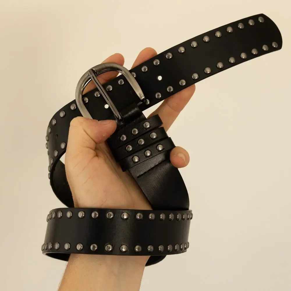 Vintage Black Studded Leather Belt Triple Row Silver Studs Y2K Streetwear Unisex